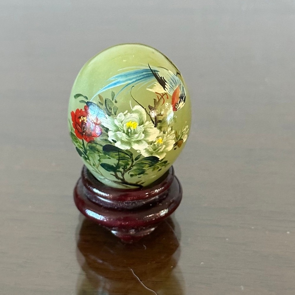 Miniature Hand Painted Stone Egg with Wood Stand Bird and Floral Design Green